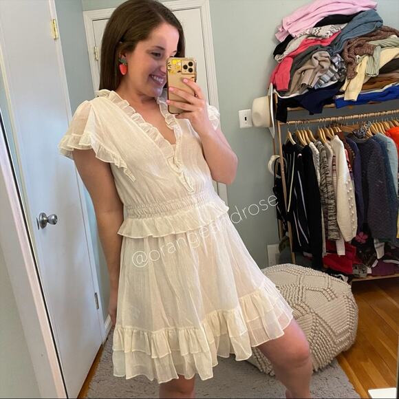 NWT Rebecca Taylor White Gold Ruffle Short Sleeve Fit Flare Mini Dress Large - Picture 3 of 14